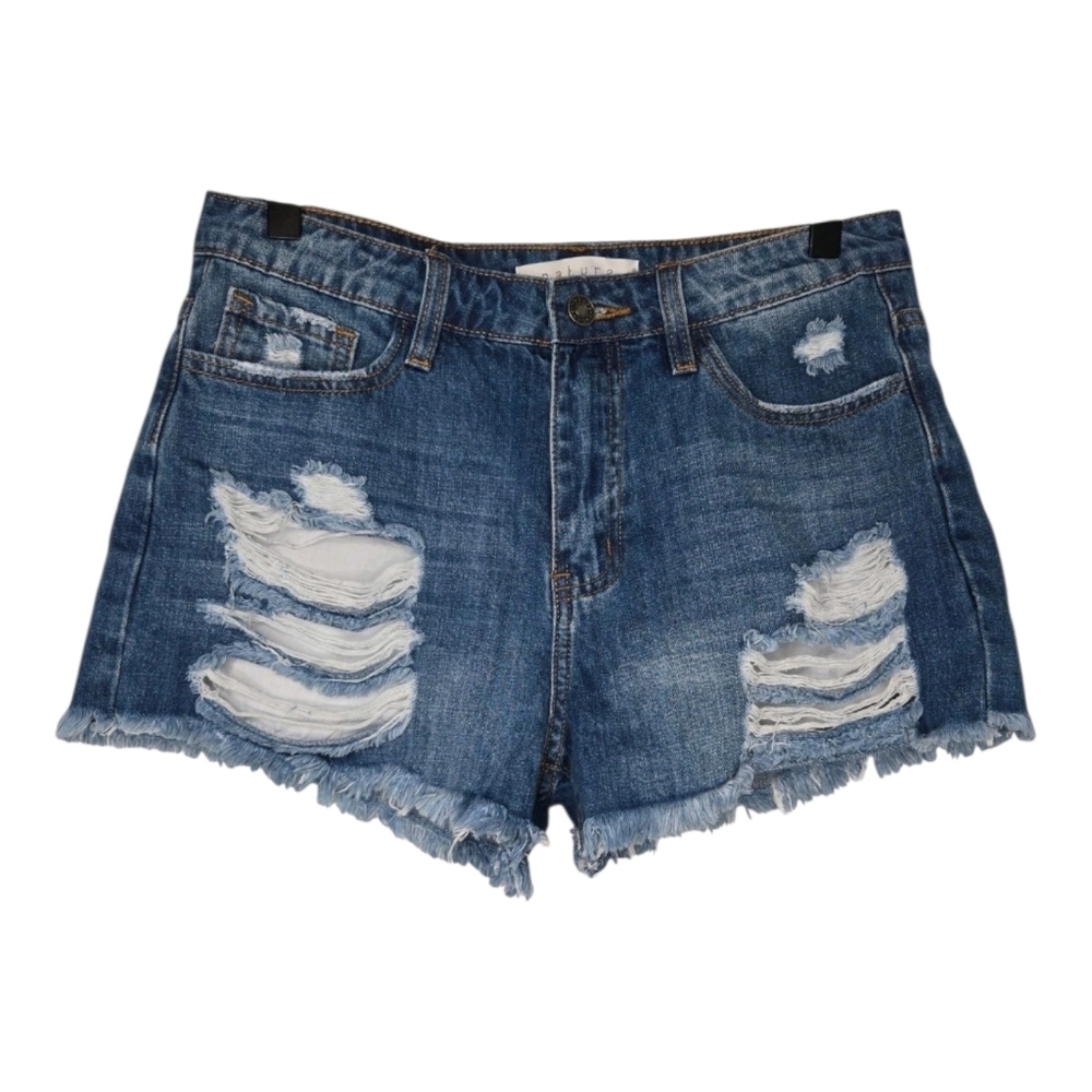 Nature Womens No More Wishing Dark Wash Distressed Denim Jean Shorts Medium - Picture 2 of 13